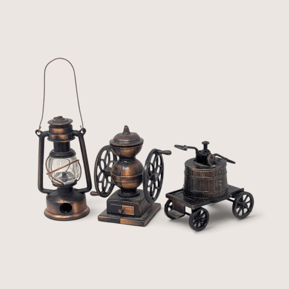 Vintage Miniature Metal Pencil Sharpeners Set 3 Lantern Coffee Grinder Cart